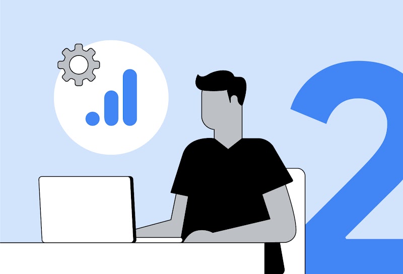 Zu sehen ist ein Mann vor einem Laptop. Links über ihm ist das Google Analytics 4-Logo zu sehen. Auf der rechten Seite des Bildes befindet sich eine große 2