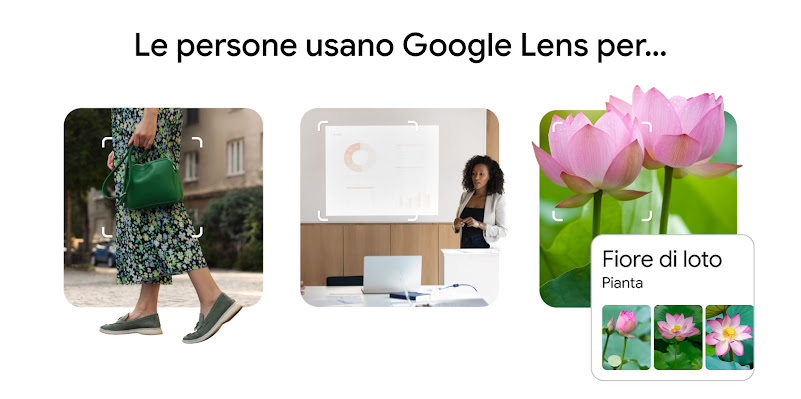 Le persone usano Google Lens per… Shopping (con Google Lens che evidenzia una borsa verde), istruzione (con un'aula in cui Google Lens seleziona una presentazione su uno schermo) ed esplorazione del mondo naturale (con la foto di una pianta e un risultato