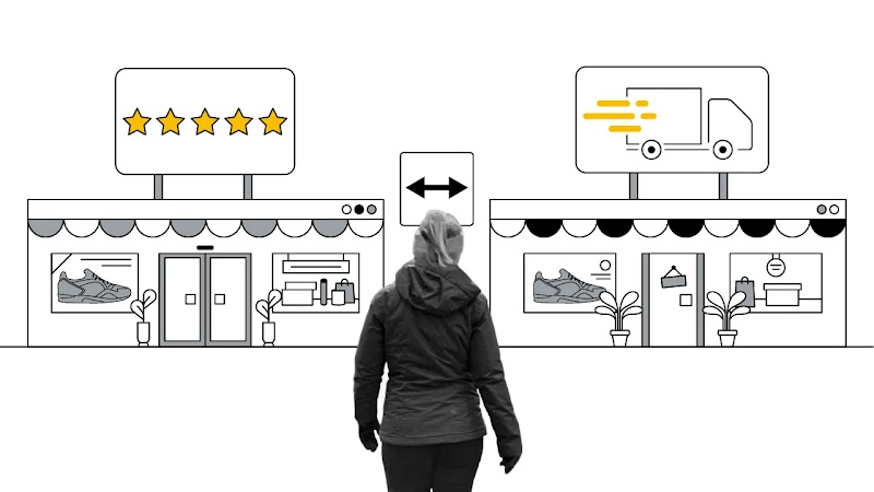 Una mujer con abrigo y guantes mira dos escaparates que parecen navegadores web donde se exponen zapatillas para correr. Una tienda tiene un cartel con una valoración de 5 estrellas y la otra tiene uno con un camión de envío rápido.