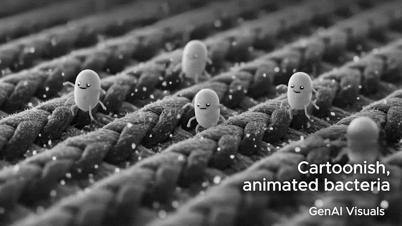 An AI-generated image labeled “Cartoonish, animated bacteria” shows cartoonish blobs with arms, legs, and smiling faces dancing on a magnified piece of fabric.