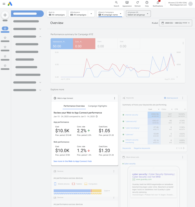 Google Ads homepage featuring Web to App Connect overview card and app install performance data.