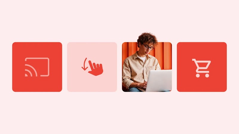Cuatro recuadros en fila: transmisión a pantalla, mano apuntando abajo, joven con gafas usando una laptop, y un carrito de compras. La imagen no incluye texto visible.