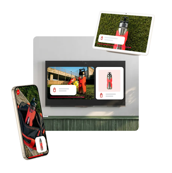 Ad campaign mockups for a water bottle shown on a smartphone, a wall-mounted television, and a tablet.