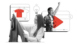 Vediamo una donna che sceglie un capo di abbigliamento e un uomo con un pallone da calcio. Alle loro spalle due schermi YouTube rispettivamente con delle t-shirt e con il logo YouTube.