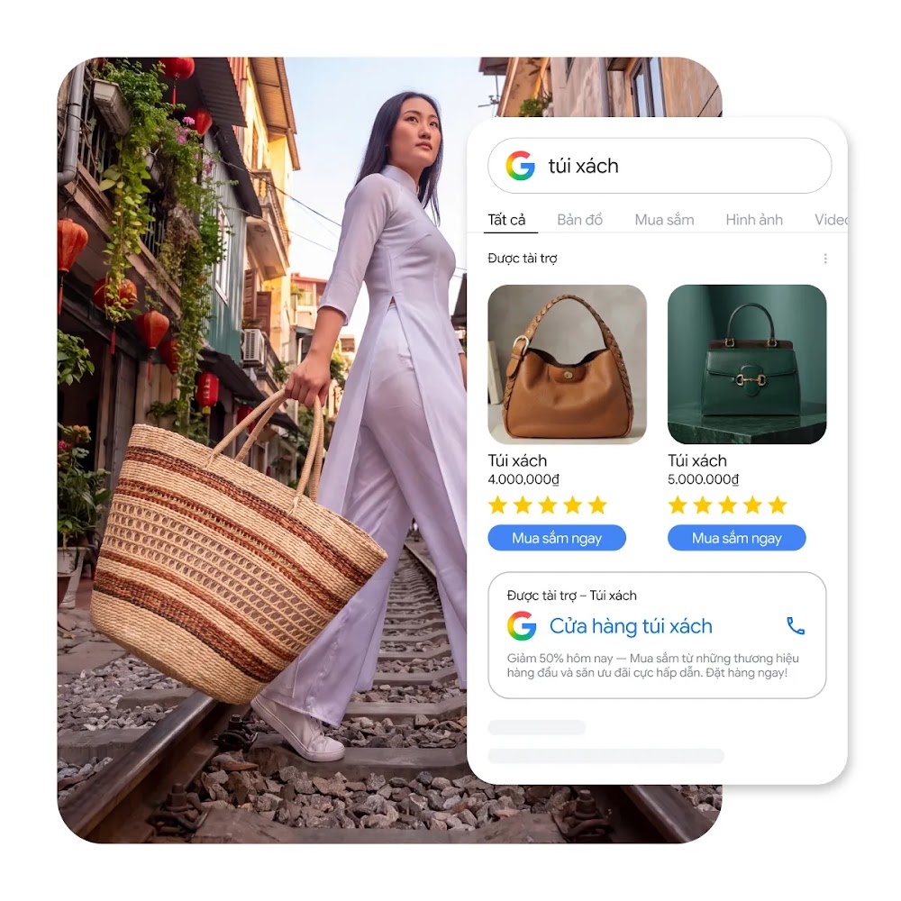 Người phụ nữ mặc đầm vàng đeo túi mây tre đan bên cạnh giao diện kết quả tìm kiếm Quảng cáo mua sắm (Google Shopping) cho từ khóa túi xách.