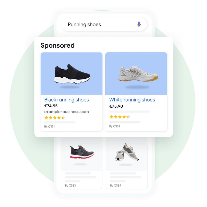 User interface demonstrating a user searching for running shoes on Google, with a pop-out of the sponsored results enhanced for emphasis.