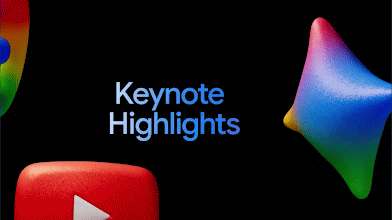 “Keynote Highlights”라는 텍스트를 Google 로고, YouTube 로고, Gemini 로고가 맴도는 루핑 애니메이션