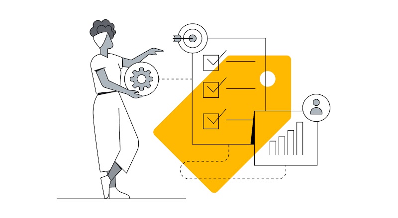 Uma mulher negra está em pé segurando com uma mão um símbolo de configurações, enquanto aponta com a outra para uma lista de tarefas feitas que está em destaque. Dela, sai uma linha pontilhada que leva a um gráfico em barras e um ícone de usuário.