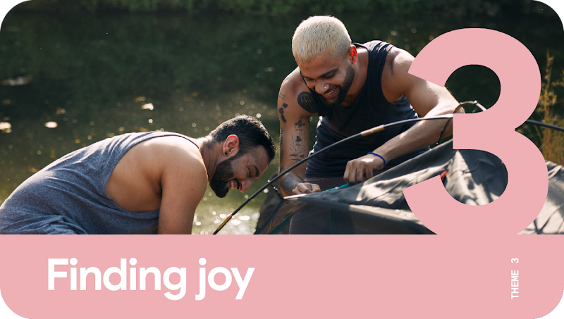 Theme 3: Finding joy. Two men having fun as they set up a tent by the riverside during an overseas holiday.