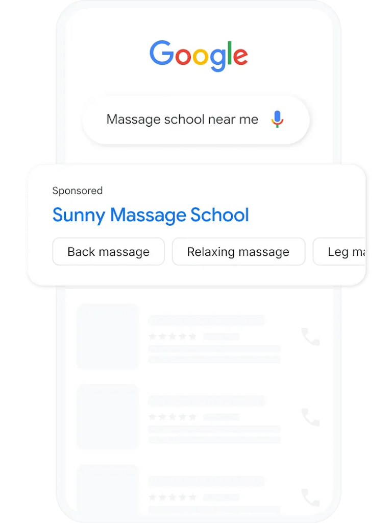 A search query and local services ad for massage schools nearby.