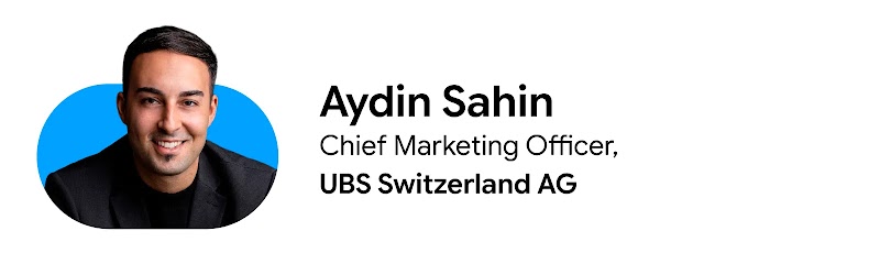 Graphic featuring a headshot of Aydin Sahin, Chief Marketing Officer, UBS Switzerland AG, framed against a bright blue oval shape on a white background. His name and title are displayed in black text to the right of his photo.