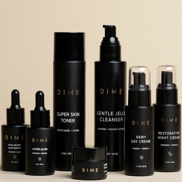 Image of Dime beauty products like Super skin toner and Gentle Jelly cleanser