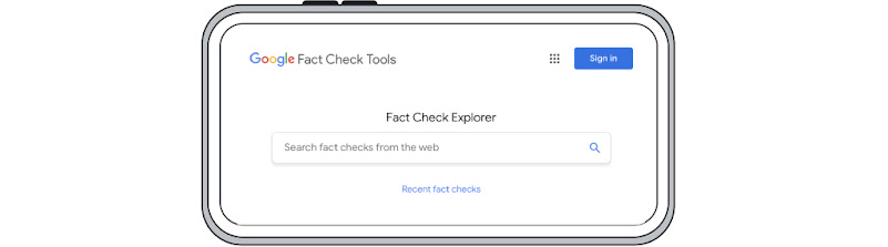 A mobile phone displaying Google’s Fact Check Explorer which helps to counter fake news, ensure information credibility, and reduce misinformation online