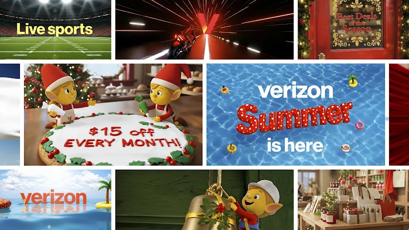 A gallery of AI-generated images for a variety of Verizon campaigns. The images have a light blue, red, and white color scheme and feature beaches and pools for summer and elves decorating cookies and houses for holiday.