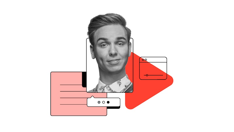 A headshot of Dylan Haegens popping out of a rectangular frame. He has light-skin, short hair and wears a shirt with a floral print. Around him, 3 icons: a text box, chat bubble, and internet browser with a video playing. A red play button arrow overlays.