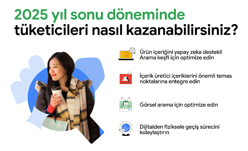 Her öğe için simge içeren bir listede "2025 yıl sonu dönemi tüketicilerini nasıl kazanırsınız?" başlığı altında şu maddeler yer alıyor: ürün içeriklerini yapay zeka destekli Arama keşfi ve görsel arama için optimize edin; içerik üretici içeriklerini öneml