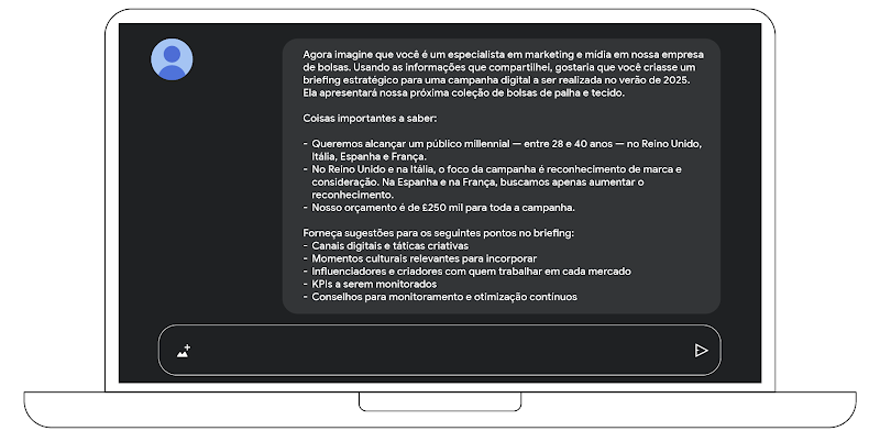Imagem que um usuário gera um prompt para o Gemini, solicitando o desenvolvimento de um briefing para uma campanha de marketing de uma marca de bolsas de mão.