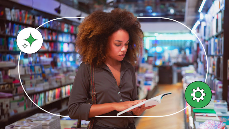 Una mujer de tono de piel medio con peinado afro lee un libro en una librería, rodeada de estanterías. La imagen tiene superposiciones gráficas, un óvalo que enmarca a la mujer y dos iconos circulares, un engranaje y una estrella que representa la IA.