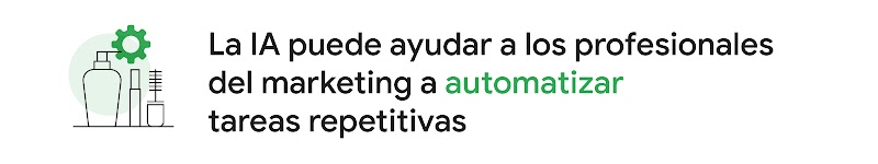 Ilustración de cosméticos con una rueda dentada junto al título "La IA puede ayudar a los profesionales del marketing a automatizar tareas repetitivas".