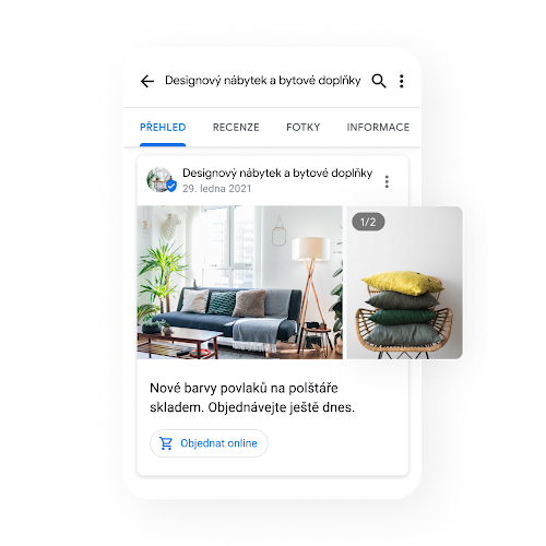Obrázek Firemního profilu s příspěvkem propagujícím speciální nabídky, akce a novinky. V příspěvku je fotka polštářů v obývacím pokoji a na židli a text: „Nové barvy povlaků na polštáře skladem“.  Objednejte si!