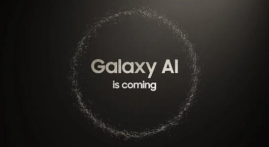 The video thumbnail shows the text "Galaxy AI is coming" in the center of a black background. The words are sparkling silver, and a ring of silver particles surrounds the text