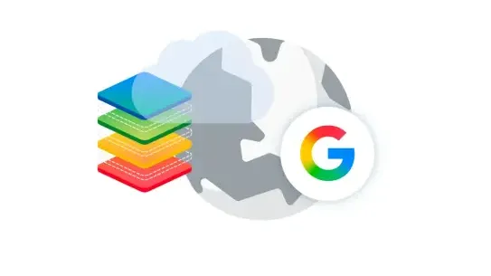 globe icon with Google logo and stacked squares in Google brand colors