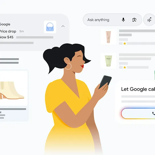 Illustration of a woman looking at her phone surrounded by shopping features, including a price drop notification for a purse and product listings for a backpack and boots.