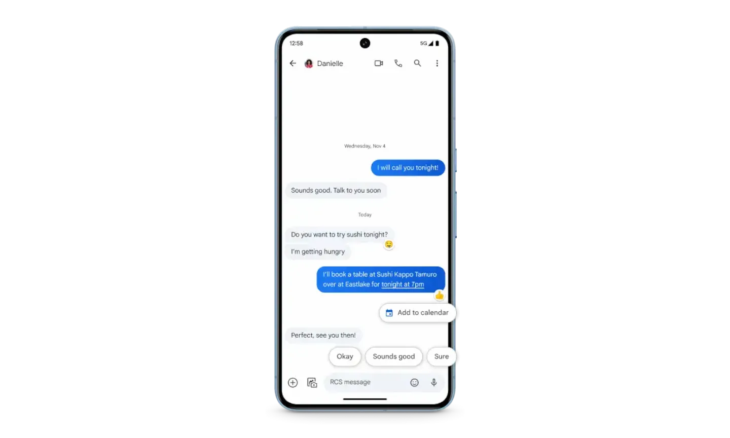 A phone shows Smart Reply & Smart Actions for quick replies and calendar scheduling