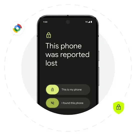 An Android screen shows an example of the Lost Mode interface. Behind the phone is a grey solid circle and a dashed circle right outside it. Two icons are scattered around the dashed circle. One is a Google satellite icon and the other is a neon green shield with a black lock in the middle.