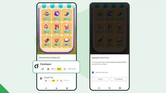 Two side-by-side phone screens show examples of how users can select alternative billing systems within the Play Store to complete their purchases of apps and games.