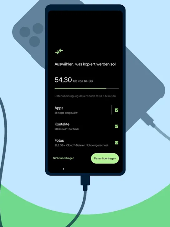 Smartphone zeigt auf Display Daten, die auf ein Android-Gerät übertragen werden sollen