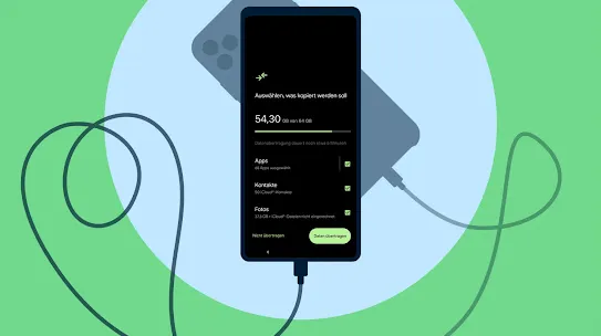 Smartphone zeigt auf Display Daten, die auf ein Android-Gerät übertragen werden sollen