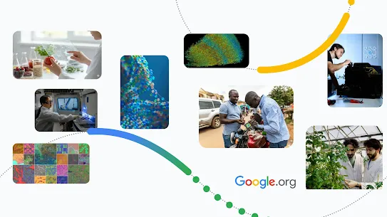 A collage of various images connected by colorful curved lines on a white background. The images include scientists in labs, a DNA-like molecular structure, technicians working on a motorcycle, a person examining a tomato with a digital interface, and a grid of colorful satellite maps. The Google.org logo is in the bottom right.