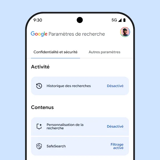 Image des paramètres de la recherche Google sur l'écran d'un smartphone, qui inclut les paramètres de l'historique de recherche, de la personnalisation de la recherche et de SafeSearch.