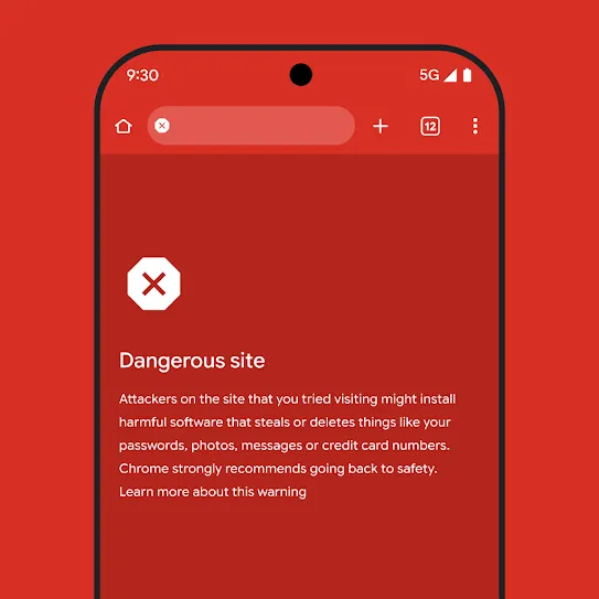 Visual of a smartphone screen using the Chrome browser, showing an alert about a dangerous site, including recommended next steps and a link to learn more about this warning. 