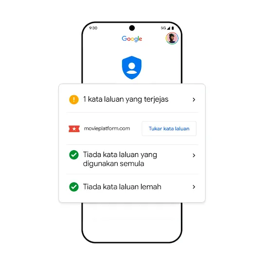 Imej telefon Google dengan hasil carian kata laluan yang terjejas.