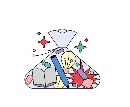 A stylized bag or pouch overflowing with tools of innovation, including a lightbulb, a pen, a book, and geometric shapes.