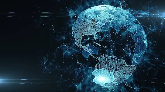 A glowing blue digital Earth formed by data points and surrounded by a network of interconnected lines on a dark background.