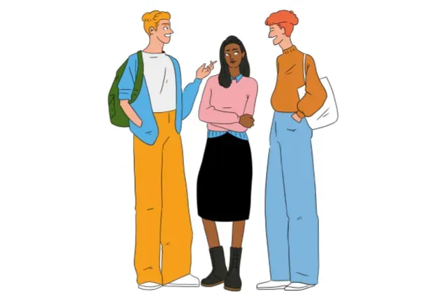 A flat-style digital illustration of three teenagers standing together in conversation. A young man with blonde hair and a green backpack talks to a young woman in a pink sweater and black boots, while another young man with red hair listens. The characters represent the younger generation navigating a connected digital world.