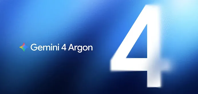 Blue background graphic displaying the Gemini sparkle logo, "Gemini 4 Argon" text, and a large white number 4.