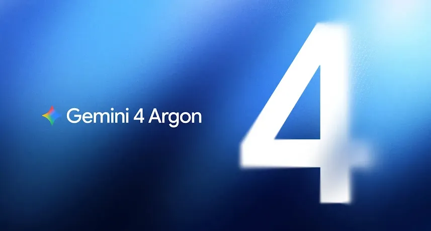 Blue background graphic displaying the Gemini sparkle logo, "Gemini 4 Argon" text, and a large white number 4.