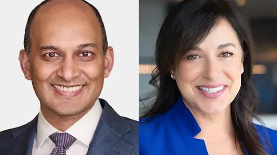 A side-by-side headshot of Dr. Sree Chaguturu, Chief Medical Officer of CVS Health, and Dr. Karen DeSalvo, Chief Health Officer at Google. The image highlights their leadership in the CVS and Google Cloud partnership to launch Health100, an AI-powered consumer health platform.