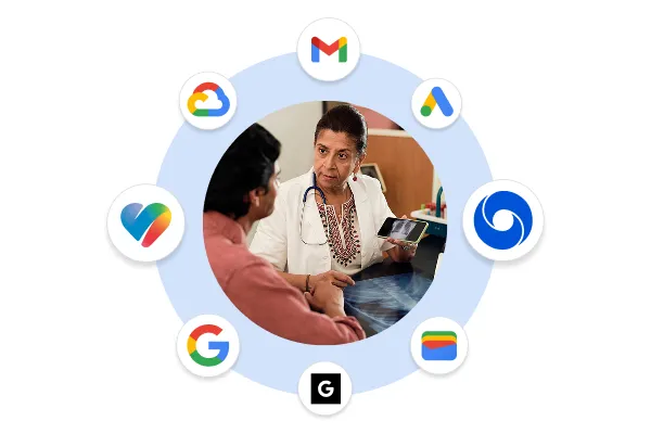 An illustration showing a doctor speaking with a patient, surrounded by Google icons including Gmail, Drive, DeepMind, Wallet, Research, Search, Google Health, and Cloud, representing the integration of health and technology.