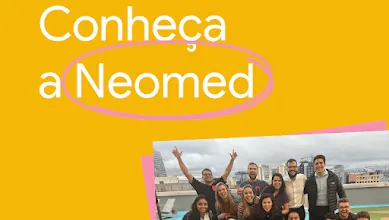 Sobre fundo amarelo, texto com os dizeres "Conheça a Neomed". Abaixo do texto, há uma foto da equipe da Neomed.