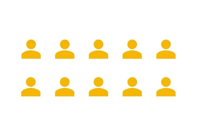 An animated infographic showing ten yellow human silhouettes in two rows. Seven of the ten icons highlight to represent the "7 in 10" statistic. The animation visualizes that 72% of respondents expect positive AI impacts on science and 71% on medicine and healthcare.