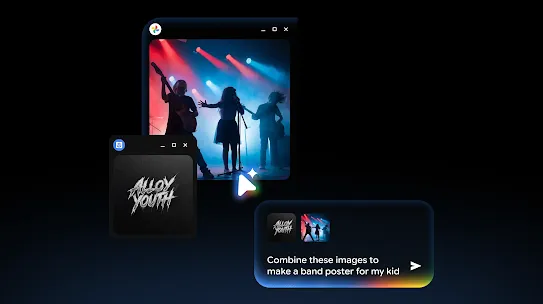 Glowing cursor selecting a concert photo and band logo, with typed AI prompt; “Combine these images to make a band poster for my kid.”