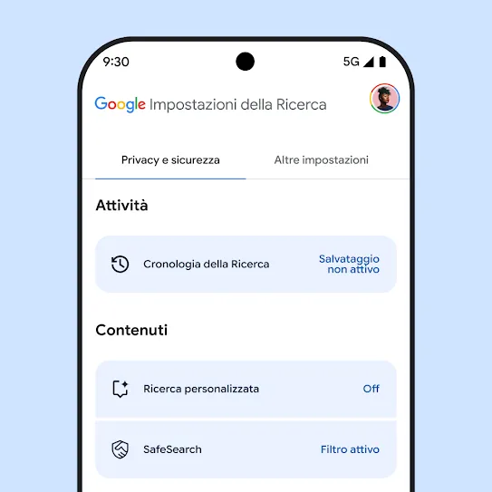 Immagine delle impostazioni della Ricerca Google sullo schermo di uno smartphone, incluse le impostazioni per la cronologia della Ricerca, la Ricerca personalizzata e SafeSearch.