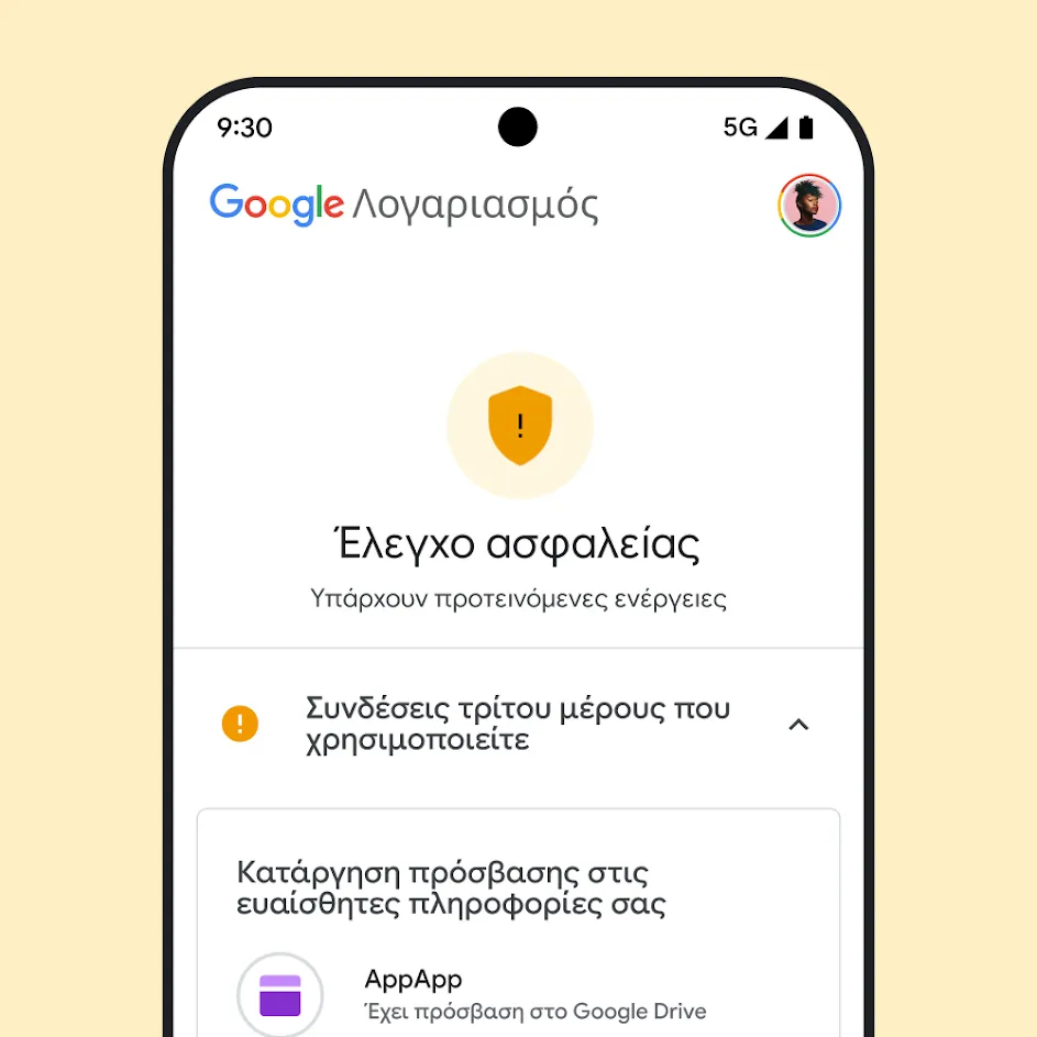 Εικόνα της διεπαφής χρήστη του Ελέγχου ασφαλείας Google.