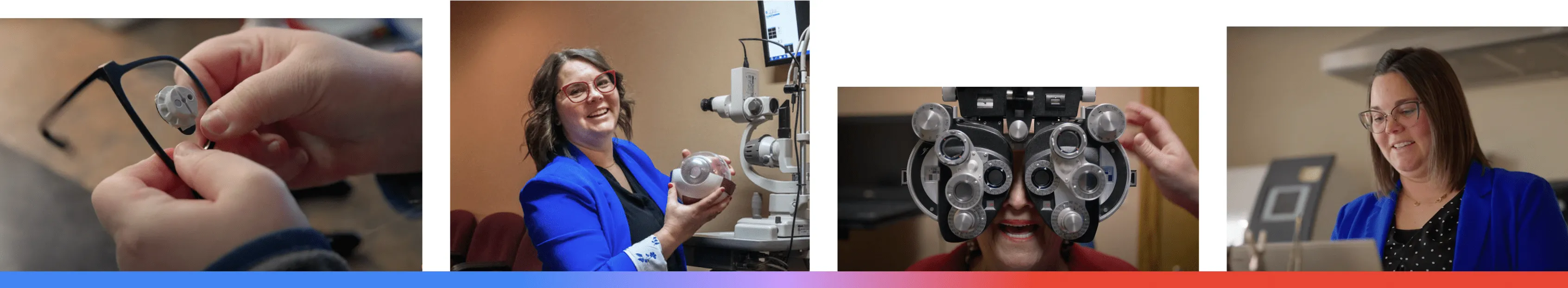 A composite of four images featuring Family Vision Care in Oklahoma, showing the precision work of adjusting eyewear, Dr. Jo'el McMullen with an eye model and diagnostic tools, a patient undergoing a comprehensive eye exam, and the use of digital tools to manage patient care and business operations.