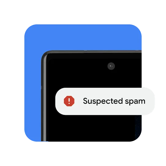An example of a spam notification is in front of a black phone on a blue background.